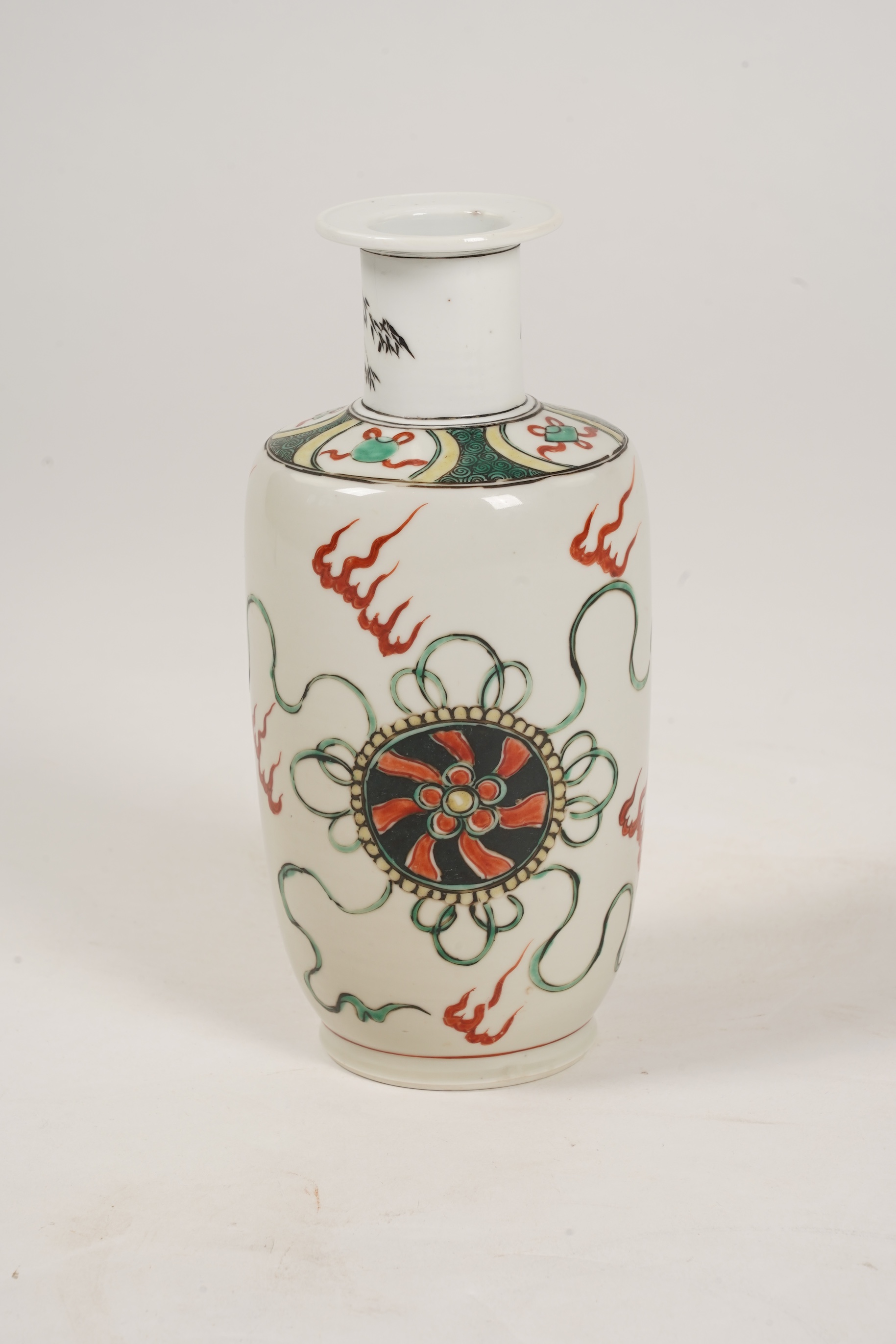 A Chinese famille verte 'Buddhist lion' rouleau vase, probably Kangxi period
